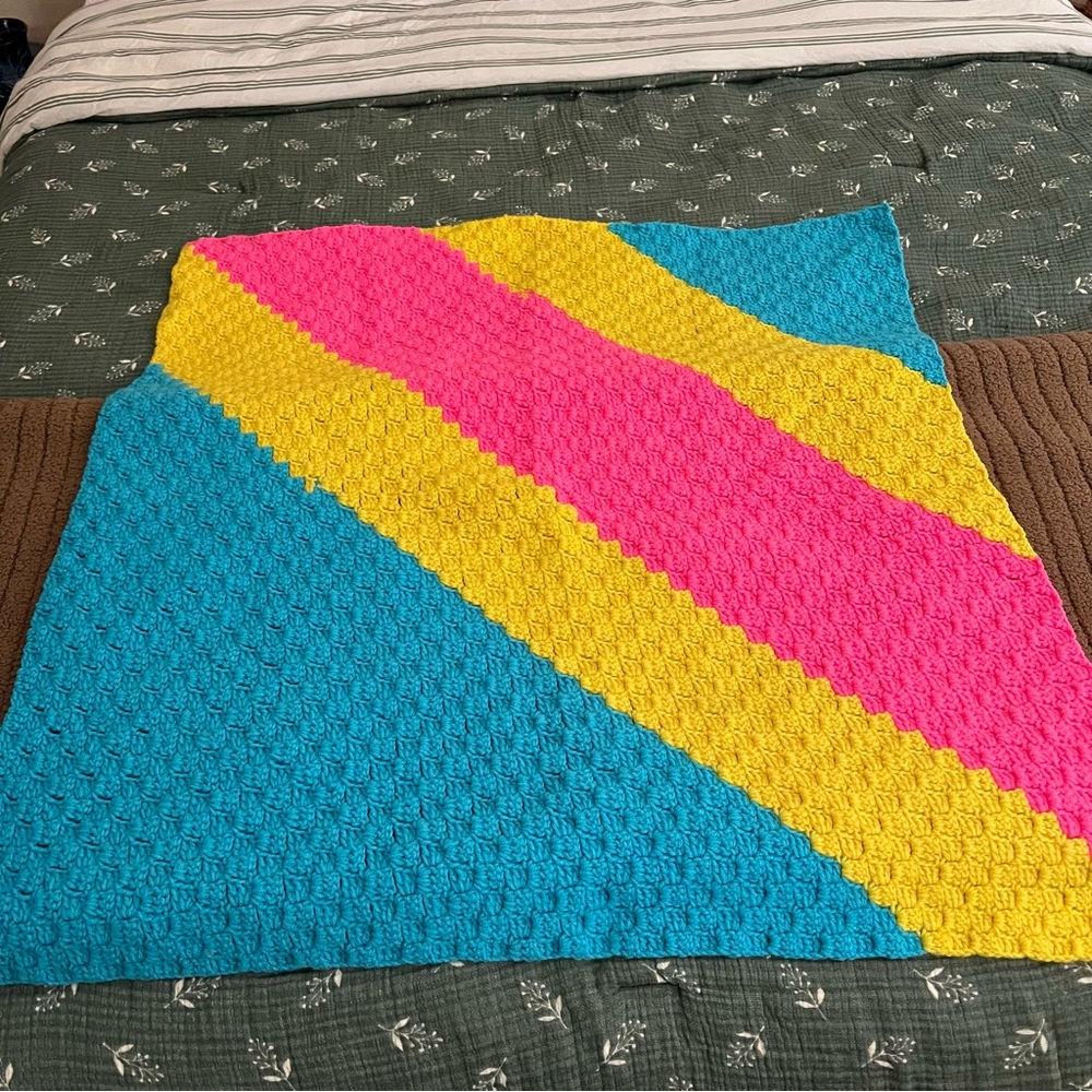 Vintage Handmade Crochet Baby Blanket Bright Colors Hand Knit 35" x 35" Nursery